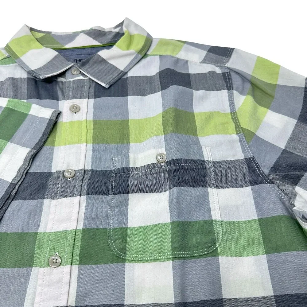 The North Face Short Sleeve Blue Lime Plaid Cotton Blend Button Up Shirt‎ Large